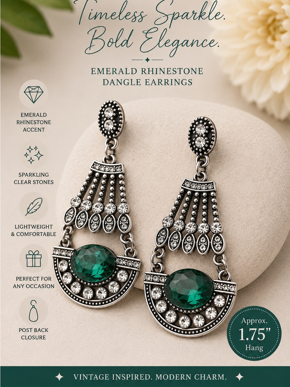 paparazzi Emerald Rhinestone Dangle Earrings - Green & Silver